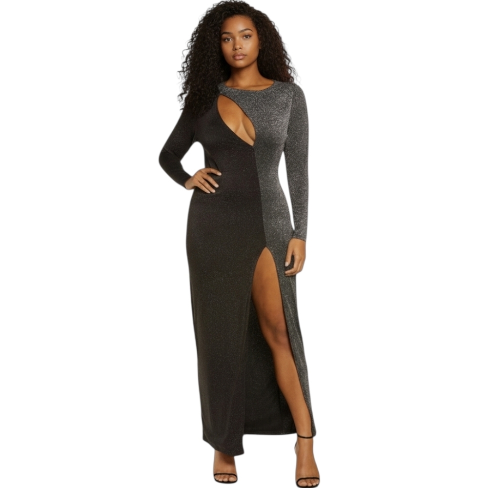 Naked Wardrobe Dress Womens Extra Small XS Black Silver Evening Gown Maxi